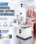 Massive 1500W Jam Free Commercial Meat Band Saw Tears Frozen Blocks And Hard Bones With Sharp Stainless Steel Blade and work table.