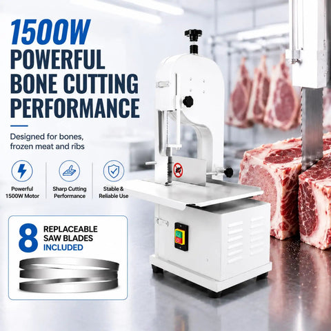 Massive 1500W Jam Free Commercial Meat Band Saw Tears Frozen Blocks And Hard Bones With Sharp Stainless Steel Blade and work table.