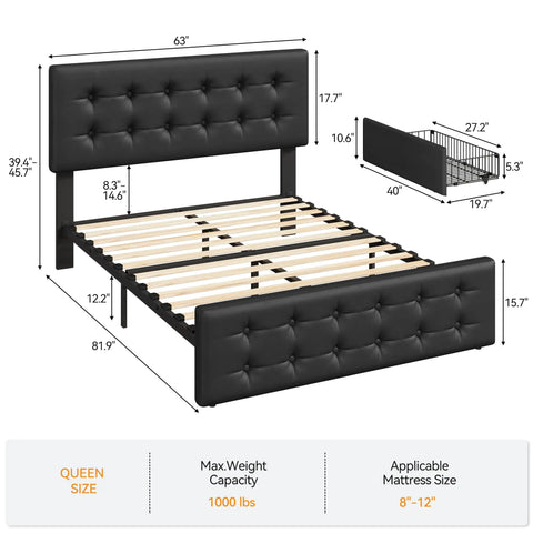 Absolute Game Changer Queen Size Platform Bed Frame With Durable Faux Leather Headboard And Four Smooth Roll Out Storage Drawers For Effortless Room Makeovers In Matte Black dimensions and features.