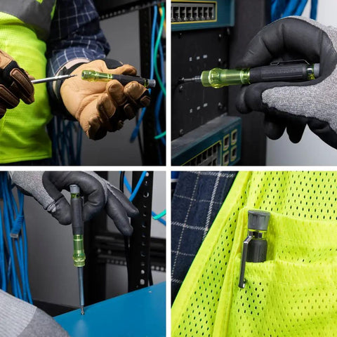 Four In One Electronics Pocket Screwdriver Set With Phillips And Slotted Bits For DIY Tech Repairs in use and clipped to pocket