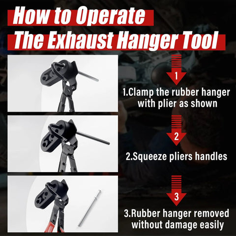 Sporthfish exhaust hanger removal tool by Amazon; black steel pliers with 25° offset, shown clamping a rubber hanger