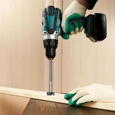 Solid Forstner Bit Extender Chuck With 3 8 Inch Hex Shank Drill Adapter used for deep drilling into wood.