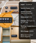 4 Gang IP68 Waterproof Rocker Switch Panel For Boats And RVs With DC 12-24V LED Digital Voltmeter And Dual USB QC 3.0 Type C Fast Charging Prewired Toggle Panel For Cars Marine Trucks Blue installed in RV cabin