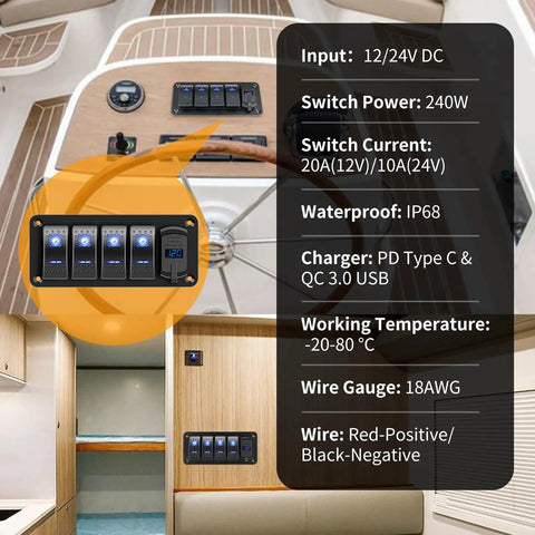 4 Gang IP68 Waterproof Rocker Switch Panel For Boats And RVs With DC 12-24V LED Digital Voltmeter And Dual USB QC 3.0 Type C Fast Charging Prewired Toggle Panel For Cars Marine Trucks Blue installed in RV cabin