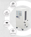 Heavy Duty 220 Volt Industrial Portable Air Conditioner Packing Serious Cooling Power On Smooth Caster Wheels And 14 Liter Tank, displaying features like adjustable temperature.
