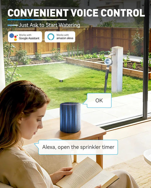 Woman using smart WiFi water timer for garden hose with voice control via Alexa, connected for yard and lawn irrigation