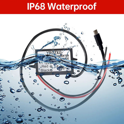 Rugged 12V To 32V 5V 5A Type-C Buck Converter for Cars Trucks Motorcycles, waterproof in submerged test, with USB-C cable