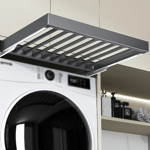 Retractable Drying Rack Under Cabinet Space Saving Pants Organizer with aluminum frame above washing machine
