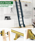 Heavy Duty Sliding Track Kit For Industrial Libraries And Shelving 330 Lb Capacity Carbon Steel Rail System With Round Tube Sliding Full Set No Ladders Included 8 Foot Track Kit Silent Smooth Rolling, installed with ladder and shelving view.