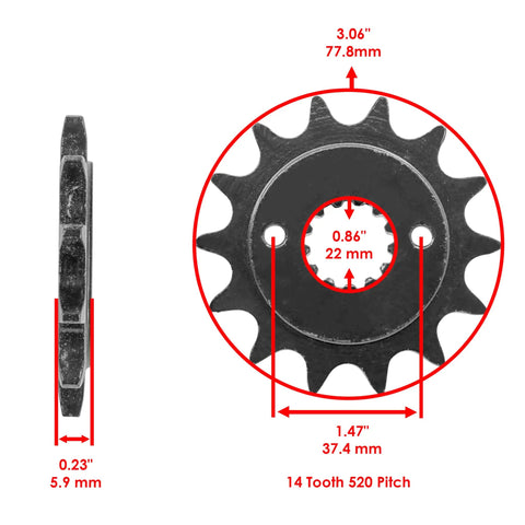 Black Drive Chain And Sprockets Kit For Kawasaki KFX400 KSF400A 2003 2004 2005 2006 Includes 14 Tooth Front Sprocket 40 Tooth Rear Sprocket Steel Chain With Master Link And Rivet Link 6000 Pound Tensile Strength Built Tough. 14-tooth 520 front sprocket, black steel, 22 mm bore
