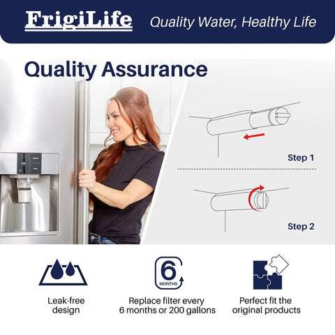 Woman installing Solid Refrigerator Water Filter Replacement 3 Pack For EPTWFU01 EWF02, step-by-step guide included, quality assurance.