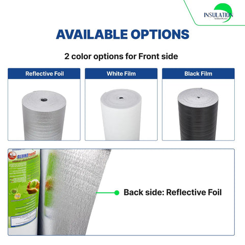 Heavy Duty 10mm Foam Core Radiant Barrier Roll, 60 By 100 Feet Reflective Insulation Sheet options: Reflective Foil, White Film, Black Film.
