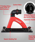Badass Dust Free Drywall Hand Sander With Comfortable Soft Rubber Handle And Six Point Five Foot Vacuum Hose, featuring a 360° pivoting elbow and ergonomic handle.