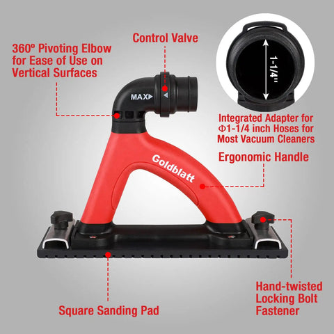 Badass Dust Free Drywall Hand Sander With Comfortable Soft Rubber Handle And Six Point Five Foot Vacuum Hose, featuring a 360° pivoting elbow and ergonomic handle.