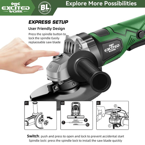Close-up of Cordless 20V 5 Inch Angle Grinder With Brushless Motor showing handle adjustment and spindle lock.