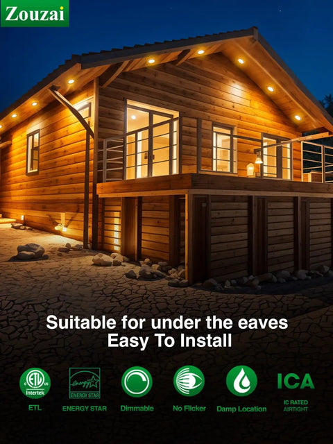 Dang Good Value 12 Pack 4 Inch Led Recessed Ceiling Lights Dimmable Downlights 9W Beats 60W seen installed on a wooden house exterior.