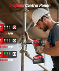 User adjusting the 3-speed control panel of the Straight Up Powerhouse 3/8 Inch Cordless Impact Wrench With Brushless Motor Brings The Heat At 330 Ft Lbs.
