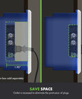 Diagram illustrating recessed duplex outlet kit for wall mount tamper resistant 15A 125V, showing depth and cable management.