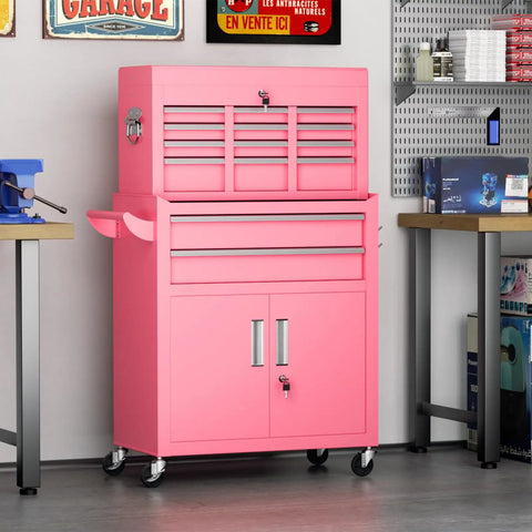 Pink 8 Drawer Rolling Tool Chest With Wheels Lockable 2 In 1 Detachable Tool Cabinet With Drawers And Black Liners in garage