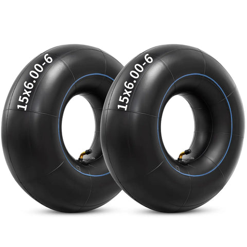 Two black butyl inner tubes 15x6.00-6 with TR-87 Bent Valve Stem for lawn mowers, snow blowers, go karts, golf carts, wheelbarrows.