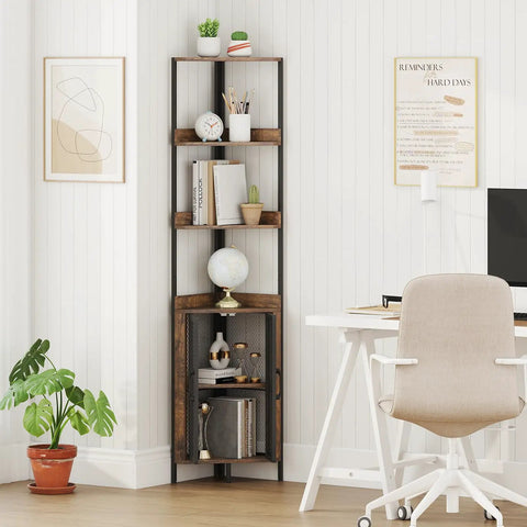 Industrial 4 Tier Corner Shelf With Cabinet Doors And Metal Frame Freestanding Brown Bookcase For Living Room Bedroom And Kitchen Space Saving 32 By 32 By 170 Cm, in modern office corner setup