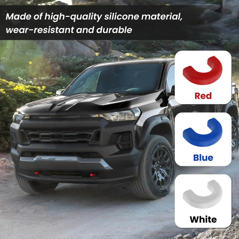 Tow Hook Covers For Chevy Colorado And GMC Canyon, Red Front Bumper Hitch Cover, Custom Fit 2015-2026 Colorado, 2015-2022 Canyon, displayed with color options.