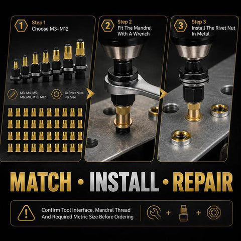 Rivet Nut Pro Grade Tool Set Kit, 77-Piece Metric Rivnut System With 7 Mandrels And 70 Flat Head Nuts, M3-M12, in use