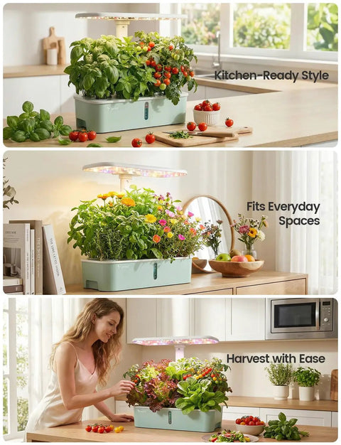 Smart Indoor Hydroponic Garden System With App And WiFi Control For Home Use, 24W Full Spectrum Grow Light, 10 Pod Planter in kitchen