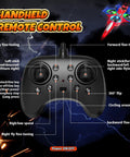 Handheld remote control for Spider Mini Drone Foam RC Plane with LED Lights and labeled buttons for easy 360-degree stunts.