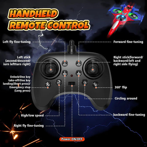 Handheld remote control for Spider Mini Drone Foam RC Plane with LED Lights and labeled buttons for easy 360-degree stunts.