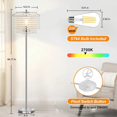 Crystal Floor Lamp 64 Inch Tall With Double Layer Shade, Modern Silver Finish, ST64 Bulb, Foot Switch, 64.17 Inches Height