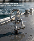Heavy Duty 316 Stainless Steel Snap Shackles Quick Release Marine Swivel Hooks displaying polished finish and durable design on water.