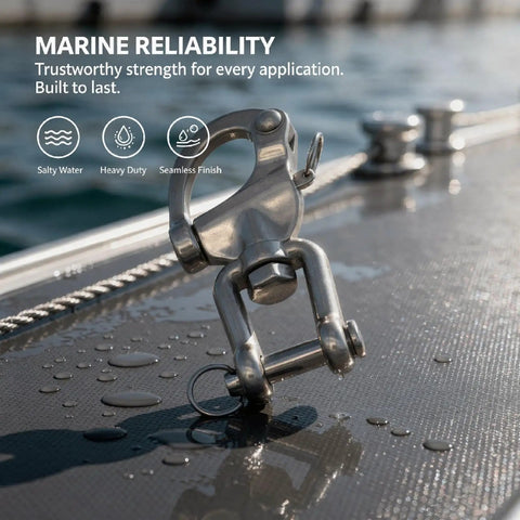 Heavy Duty 316 Stainless Steel Snap Shackles Quick Release Marine Swivel Hooks displaying polished finish and durable design on water.