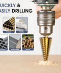 Straight Up High Speed Titanium Coated Step Drill Bit Set Engineered For Smooth Holes Clean Cut Through Aluminum Wood And Stainless Steel, drilling through wood.
