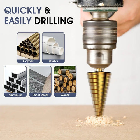 Straight Up High Speed Titanium Coated Step Drill Bit Set Engineered For Smooth Holes Clean Cut Through Aluminum Wood And Stainless Steel, drilling through wood.