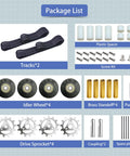 Adjustable Robot Tank Track Kit With Drive Gears And Pin Removal Tool package contents including tracks, wheels, and tools