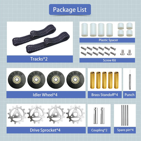Adjustable Robot Tank Track Kit With Drive Gears And Pin Removal Tool package contents including tracks, wheels, and tools