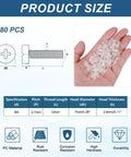 Top Shelf 80 Pcs Clear Acrylic Screws M4 X 12MM Phillips Round Head Transparent Bolts shown in hand with size specs.