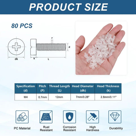Top Shelf 80 Pcs Clear Acrylic Screws M4 X 12MM Phillips Round Head Transparent Bolts shown in hand with size specs.