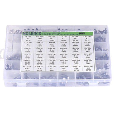 Aluminum Electrolytic Capacitor Kit With 36 Values And 1000 Pieces In A Durable Reusable Storage Box 0.1uF To 1000uF 10V 16V 25V 35V 50V Ideal For DIY Electronics Projects Makers And Hobbyists, visible slots with labeled capacitors.