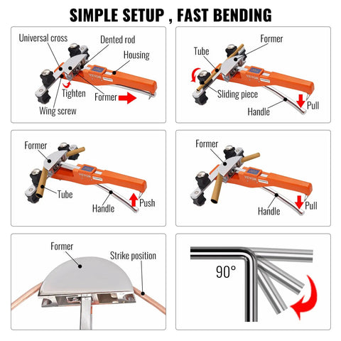Vevor 1-4 To 7-8 Inch O.D. Ratcheting Pipe Tube Bender With 90 Degree Forward Reverse Bending Action And 7 Dies Plus Pipe Cutter Setup Guide