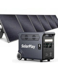 3600W Portable Power Station With 3840Wh Large Capacity, Your Go To Solar Generator For Home Backup, Camping And Outdoor Emergency Power, Includes 400W Solar Panel, Fast Charging Modes, Plus Flexible AC And Solar Hybrid Charging in front of 400W solar panel