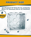 8 Pack 4x4 Inch Metal Electrical Boxes Two And One Eighth Inch Deep With 30.3 Cu In Capacity Galvanized Steel Junction Boxes Drawn Construction Silver For Wiring Projects And Electrical Installations, 4x4 size view