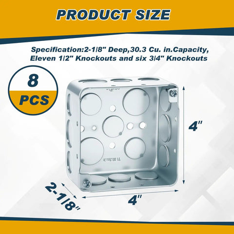 8 Pack 4x4 Inch Metal Electrical Boxes Two And One Eighth Inch Deep With 30.3 Cu In Capacity Galvanized Steel Junction Boxes Drawn Construction Silver For Wiring Projects And Electrical Installations, 4x4 size view