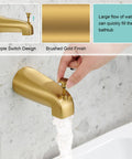 Premium Heavy Duty Brushed Gold Shower Tub Faucet Set With Complete Valve And Six Inch Rain Shower Head Dishing Out Top Shelf Water Pressure Plus Sleek Tub Spout, featuring a brushed gold finish tub spout in action.