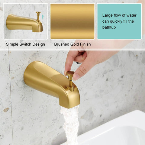 Premium Heavy Duty Brushed Gold Shower Tub Faucet Set With Complete Valve And Six Inch Rain Shower Head Dishing Out Top Shelf Water Pressure Plus Sleek Tub Spout, featuring a brushed gold finish tub spout in action.