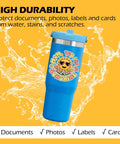 Blue tumbler with "You Are Sunshine" design against water splash on yellow background, showcasing matte laminating sheets use.