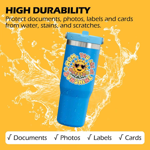 Blue tumbler with "You Are Sunshine" design against water splash on yellow background, showcasing matte laminating sheets use.