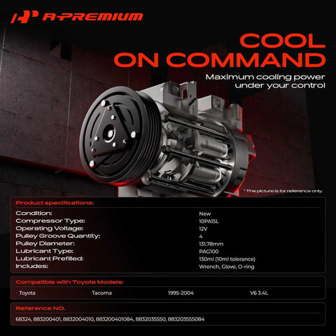 Heavy Duty Air Conditioning Compressor With Clutch Compatible With Toyota Tacoma 1995 To 2004 3.4L Engine 10Pa15L detailed view
