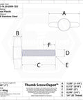 Quarter Inch Twenty Coarse Thread Thumb Screws With Black Comfort Grip Tee Knobs Heavy Duty Stainless Steel Fasteners dimensions and materials.